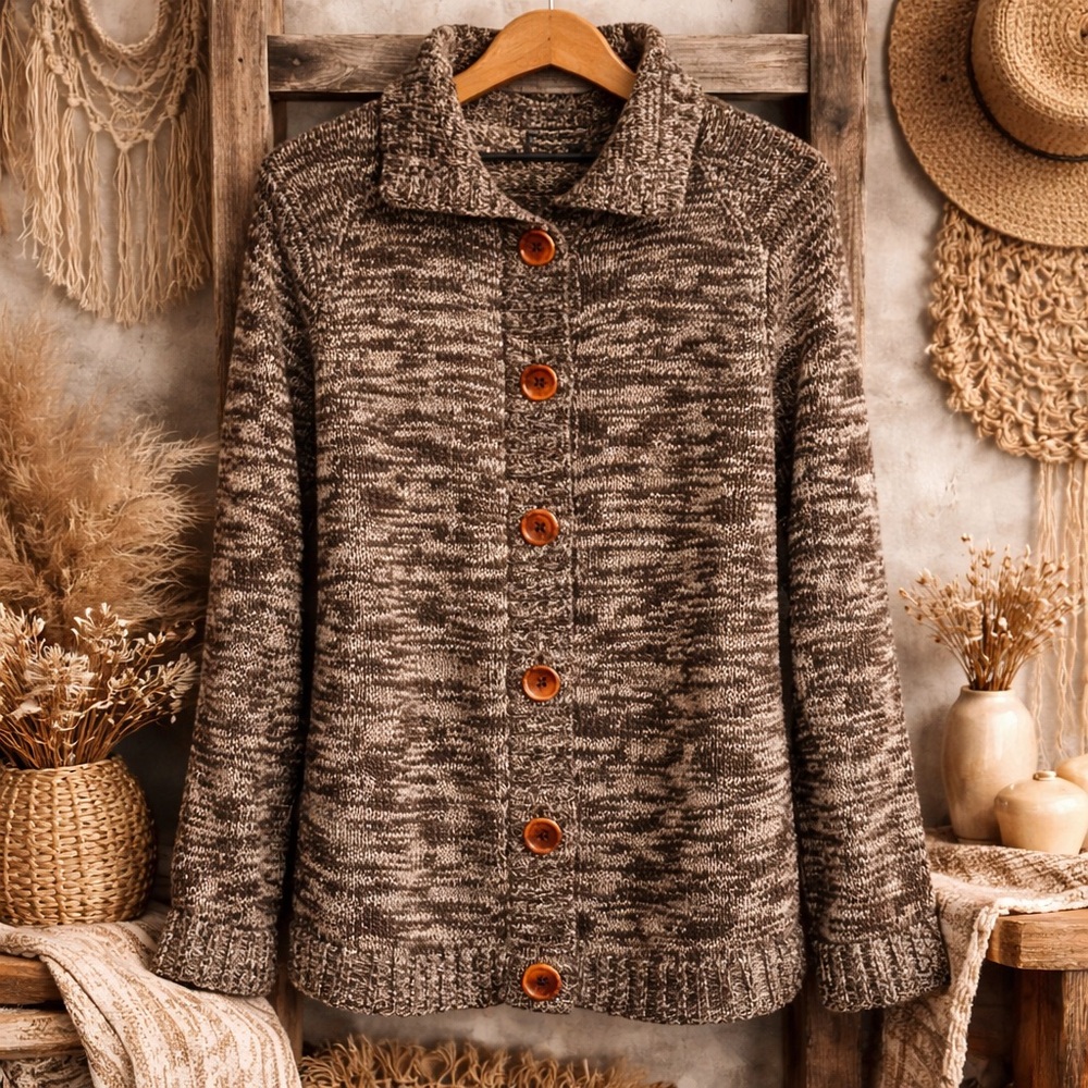 Carol Rose Cardigan Knit Sweater Large Brown Cream Button‎ Down